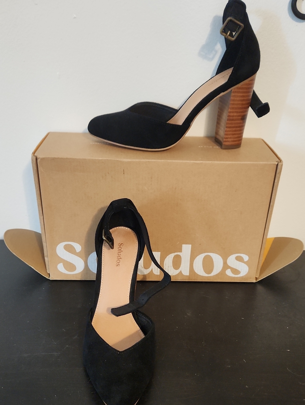 Soludos Black Suede Pointed Toe Block Heel with Ankle Strap